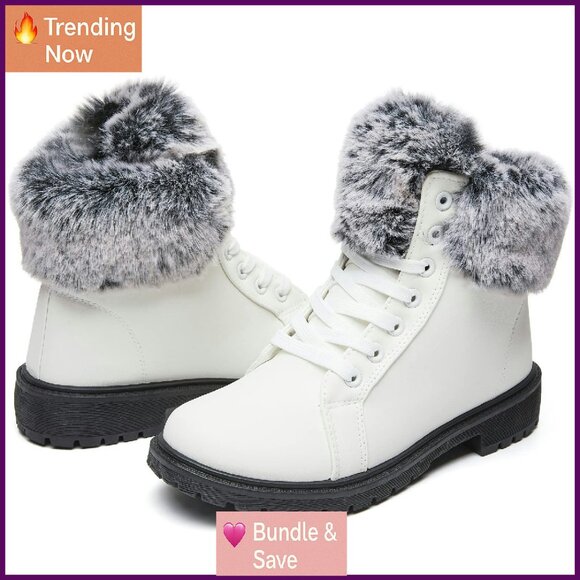 Women's Winter Ankle Boots Fur Lined Anti-Slip Combat Boots Rubber Sole
